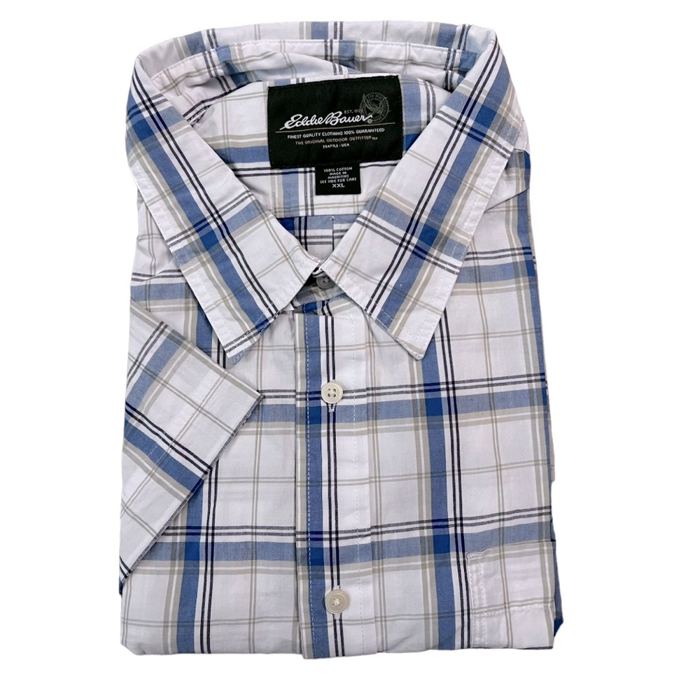Eddie Bauer Mens Short Sleeve Button Down Cotton Shirt Blue Windowpane Plaid XXL